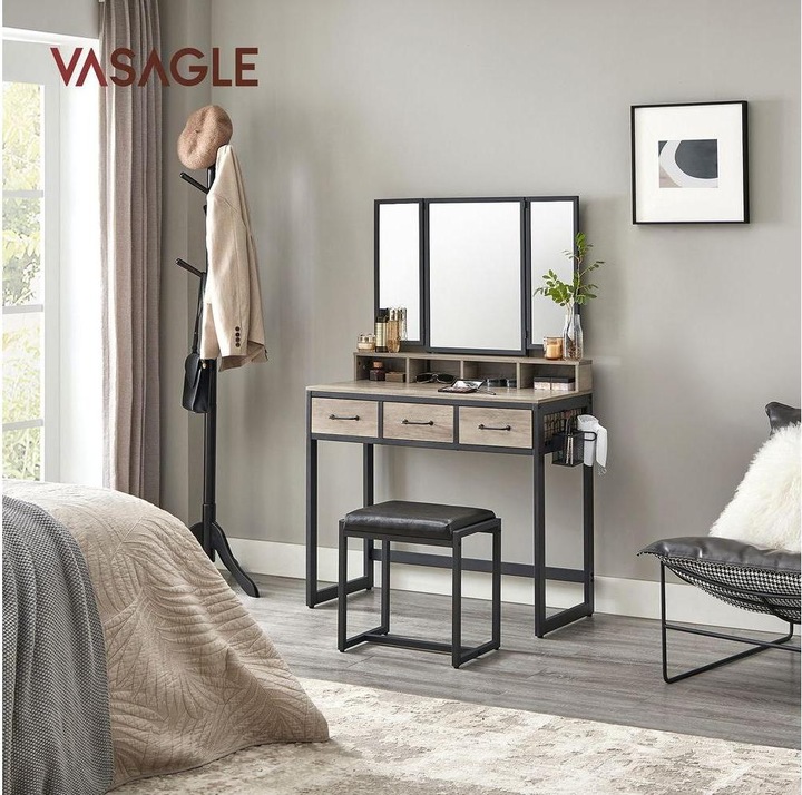 Image du produit Vasagle Schminktisch mit Hocker und Spiegel Greige/Schwarz, Tiefe (90 x 40 x 141 cm)