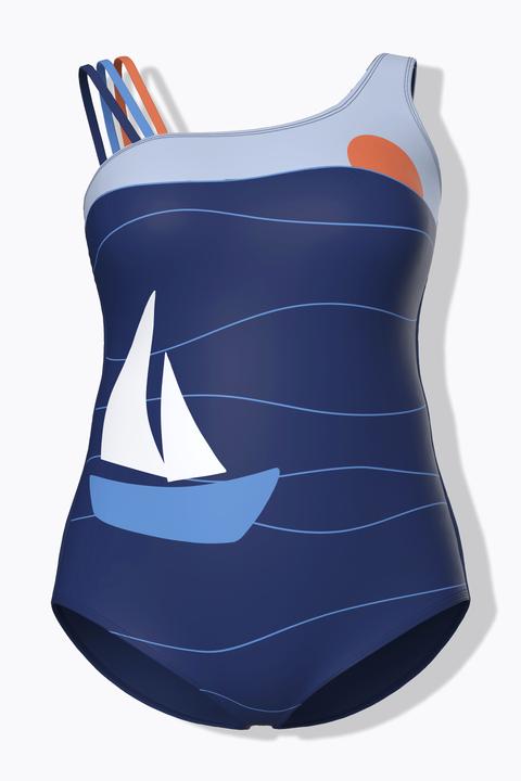 Actual product image Ulla Popken Sailboat Print Split Strap Swimsuit (48)