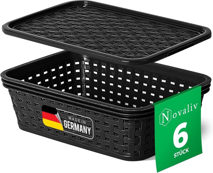 Actual product image Novaliv 6er Set Aufbewahrungsboxen mit Deckel Mini 1L Korb Schwarz in Rattan Design Lebensmittelecht (14 cm, 1 l, 6x)