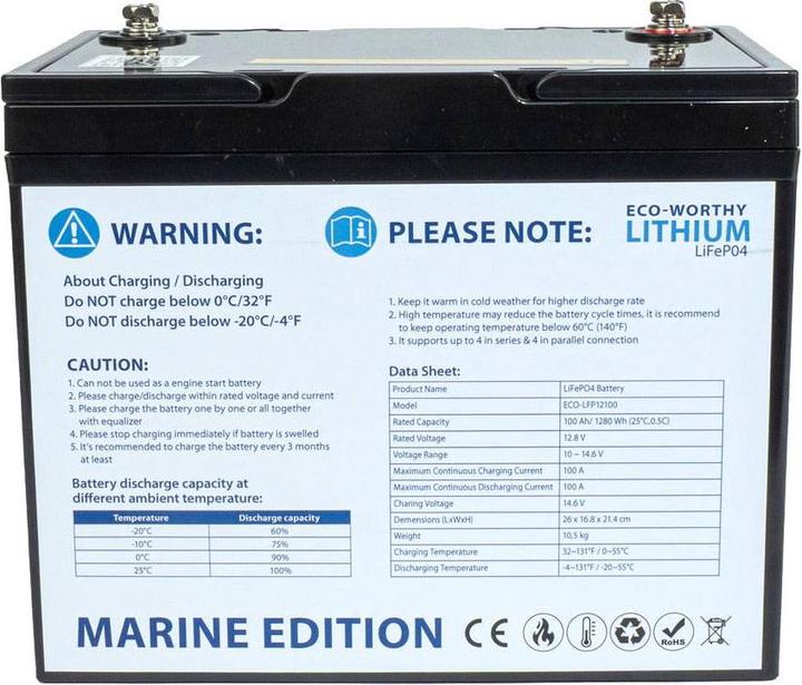 Actual product image Eco-Worthy Marine Lithium-Batterie LiFePO4 12V (12 V, 100 Ah)