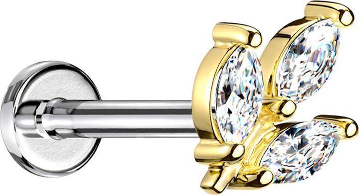 Produktbild Star Piercing Micro Threadless Labret silber Blatt vergoldet drei Ovale Kristalle silber (Chirurgenstahl 316L, Messing)