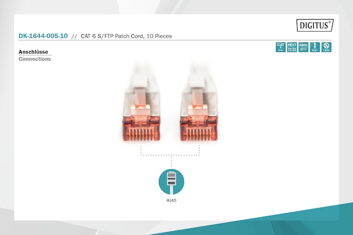 Productafbeelding Digitus CAT 6 S-FTP patchkabel Cu LSZH AWG 27/7 Lang 0,5 m 10 stuks Kleur Grijs (S/FTP, CAT6, 0.50 m)