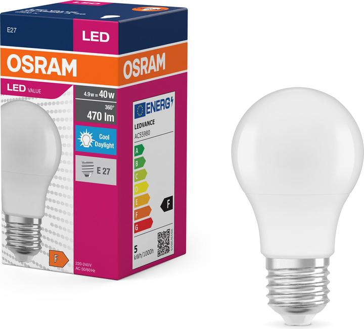 Actual product image Osram LED Value Classic A (E27, 4.90 W, 470 lm, 1 x, F)