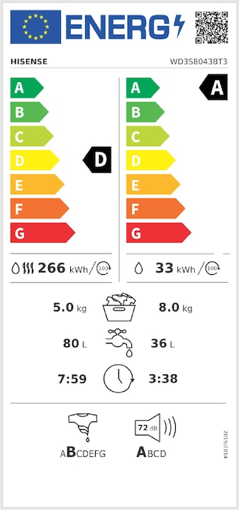 Label énergétique Hisense WD3S8043BW3 Lave-linge séchant posable 8Kg