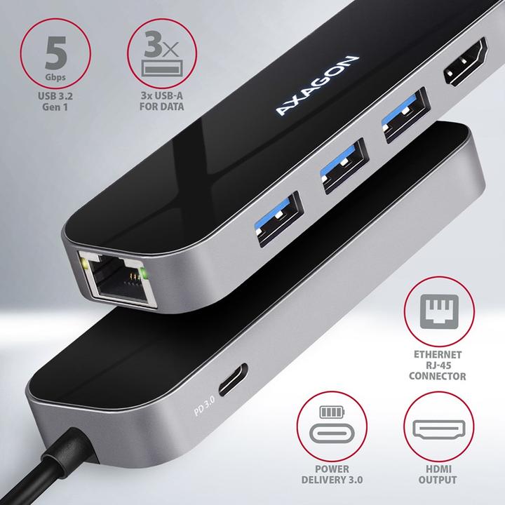 Produktbild Axagon HMC-6GL USB-Hub, 3x USB-3.0, 1x RJ-45, 1x HDMI (USB-C, 6 Ports)