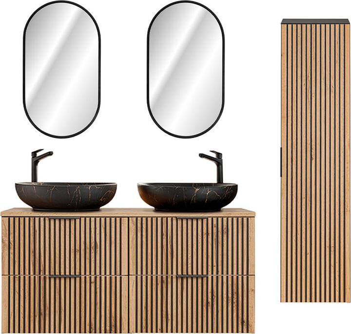 Produktbild Petits-Meubles Set aus Doppelwaschtisch 120cm LED-Spiegel und Säule Gaia Holz und Schwarz - Waschtisch Schwarz