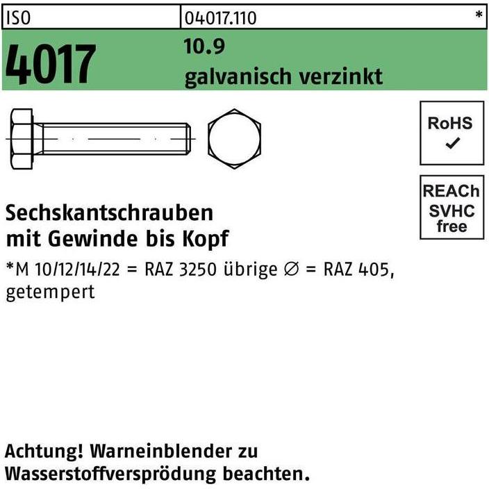 Schrauben, Sechskantschraube DIN 933 VG M 20 x 65 10.9 galvanisch verzinkt (25 Schrauben pro Stück)