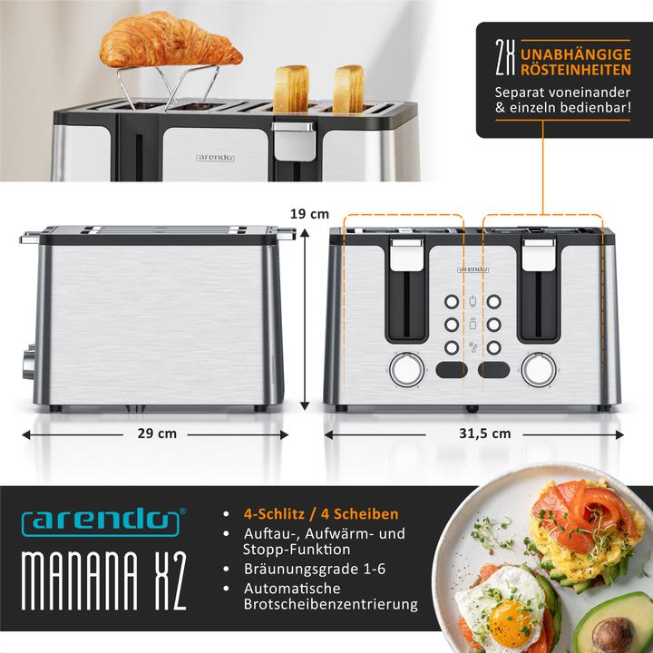 Produktbild Arendo Toaster 4 Scheiben Kurzschlitz, Edelstahl, Automatik, Wärmeisolierendes Doppelwandgehäuse, 1750 W