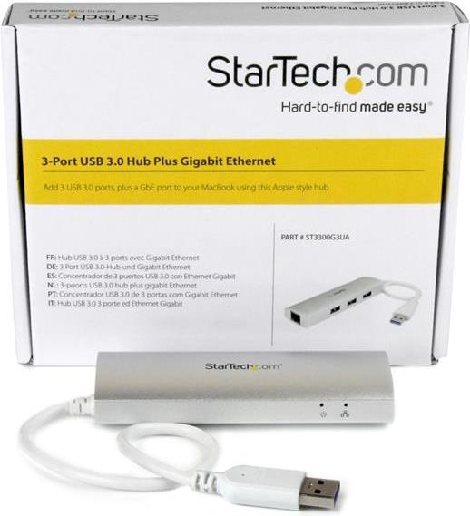 Actual product image StarTech 3 Port Mobile USB 3.0 Hub plus Gigabit Ethernet - Aluminium USB Hub with Gigabit Ethernet Adapter (USB-A, 4 ports)