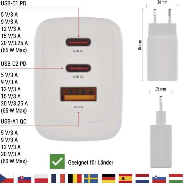 Actual product image Emos USB Wall Charger Gan Pd 65w A2c (65 W, 3 ports)