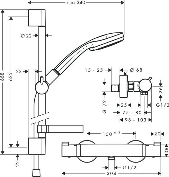 Image du produit hansgrohe Brausenkombi Croma 100 Ecostat 1001 SL u. Brausestange Unica 27085000
