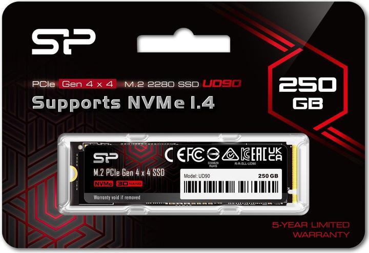 Produktbild Silicon Power M.2 2280 PCIe 250GB SSD UD90 Gen4x4 NVMe 4500/1950 MB/s (250 GB, M.2 2280)