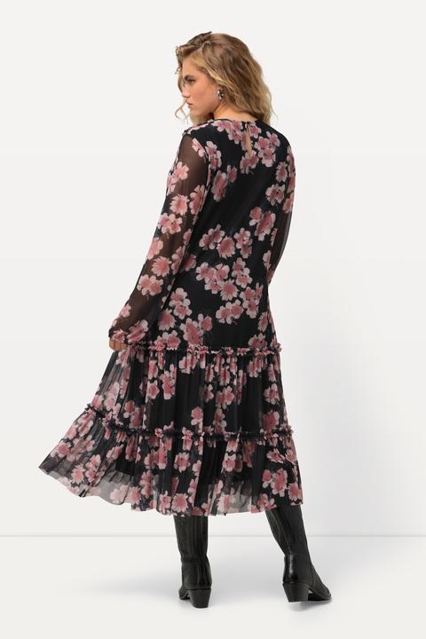 Image du produit Ulla Popken Robe midi doublée, imprimé fleurs, col en V et manches longues (62)
