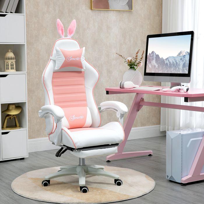 Immagine prodotto Swisshandel24 Gaming Stuhl Ergonomischer Gamer Stuhl mit Lendenwirbelstütze, Fussstütze Hasenohren Kopfkissen Rosa