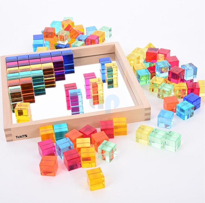 Produktbild TickiT Set mit 100 farbigen und Transparente Acryl-Würfel und einem Spiegelkasten aus Holz