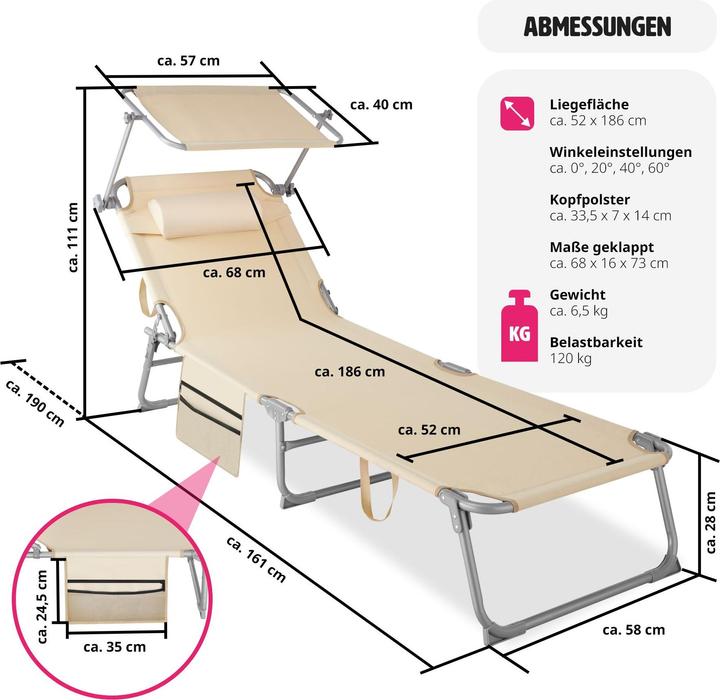 Image du produit tectake Bain de soleil Chloé 4 positions avec appui-tête et pochette (161 cm)