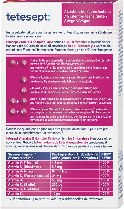 Valeurs nutritives et ingrédients Tetesept Vitamin B-Komplex (30 pcs, Cachets)