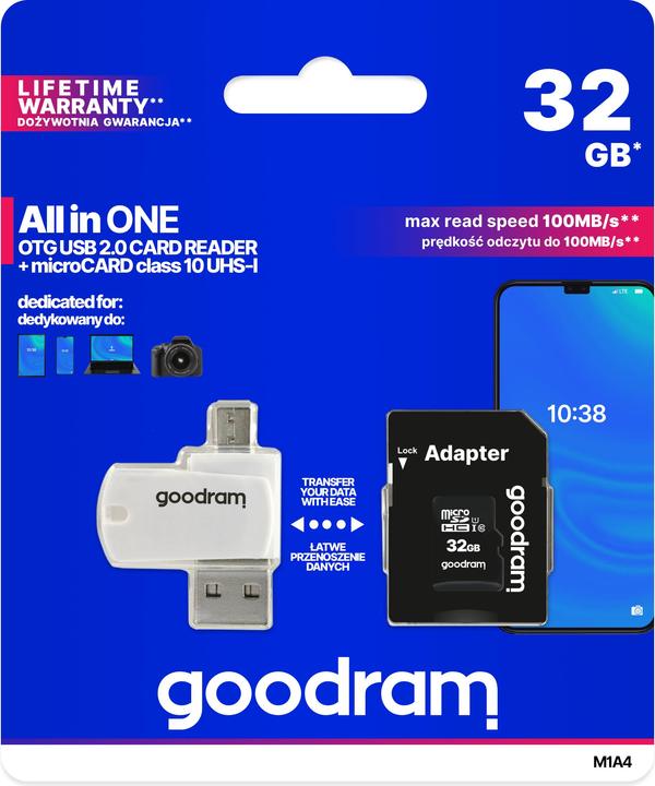 Productafbeelding Goodram M1A4-0320R12 - 32 GB - MicroSD - Klasse 10 - UHS-I - 100 MB/s - 10 MB/s (32 GB, microSD, U1, UHS-I)