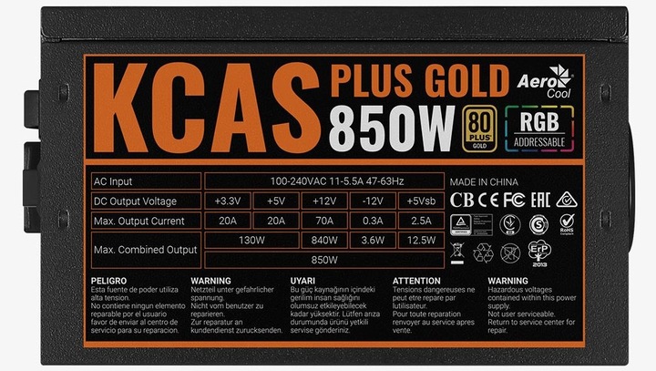 Actual product image AeroCool KCAS PLUS GOLD 850W - 850 W - 100 - 240 V - 47 - 63 Hz - 11 - 5.5 A - 1 (850 W)
