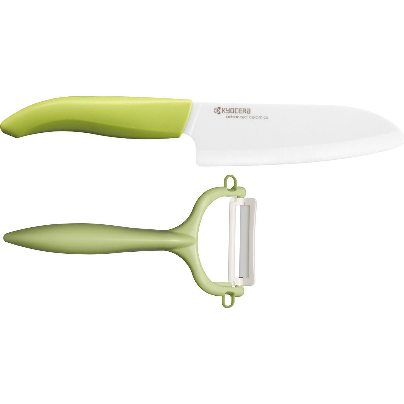 Kyocera GEN GREEN Cut & Peel Set: Santoku-Keramikmesser mit Schäler, Küchenmesser, Grün