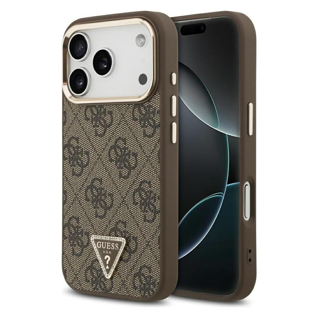 Guess Case Magsafe 4G Pu Leather Case With Triangle Logo And Gold Metal Camera Frame For IPhone 17 P (Apple IPhone 17 Pro), Smartphone Hülle, Braun,