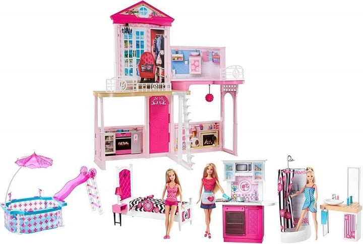 Actual product image Barbie House with accessories 110x92x15 cm, 2-storey, with furniture, pool and 3 dolls, 3+