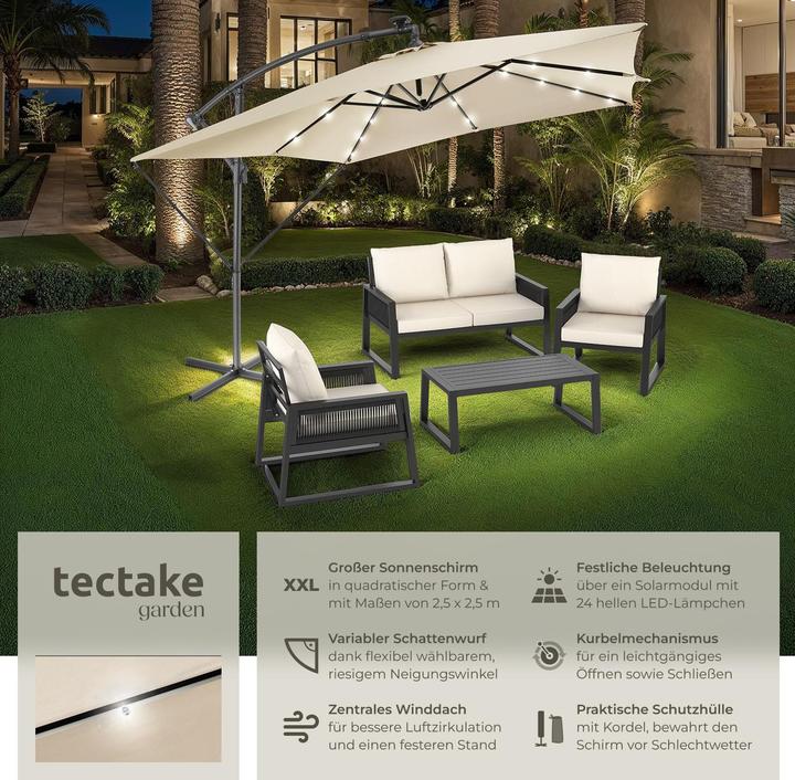 Produktbild tectake Sonnenschirm Sunna LED-Solar mit Kurbel 2,5 x 2,5 m (2.50 m)