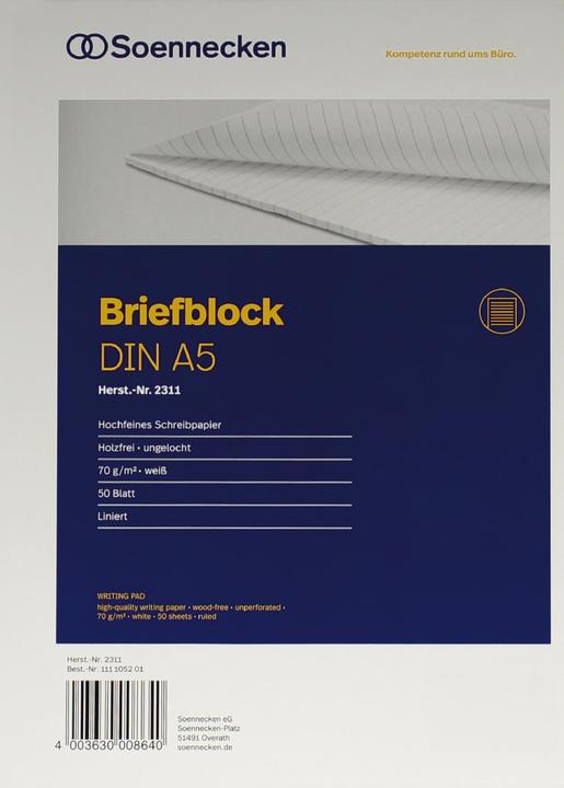 Soennecken Letter pad Paper size: DIN A5 Ruling style: ruled (A5, Lined)