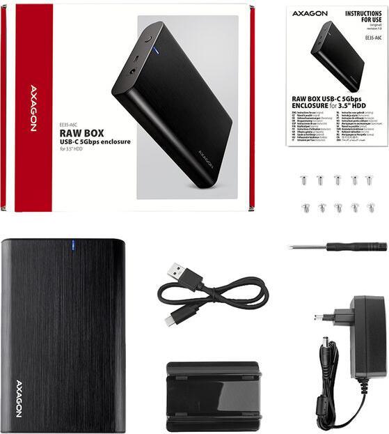 Actual product image Axagon EE35-A6C RAW HDD enclosure, USB-C 3.0, SATA 6G, 3.5 / 2.5 inch - black (2.5", 3.5")