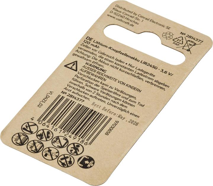 Produktbild Voltcraft LIR2450 Knopfzellen-Akku LIR 2450 Lithium 120 mAh 3.6 V 1 St. (1 Stk., Gerätespezifisch, 120 mAh)
