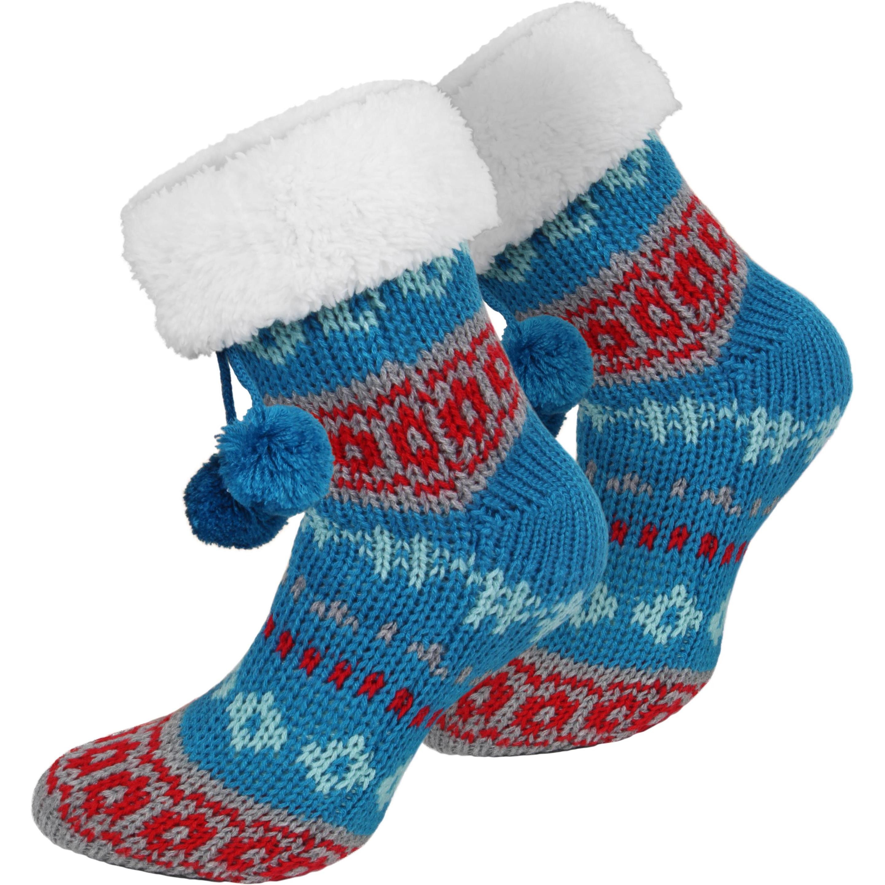 Normani, Herren, Socken, Strick-Hausschuhe mit Bommeln, ABS und Norwegermotiv, Blau, (Einzelpack, 36 - 40)