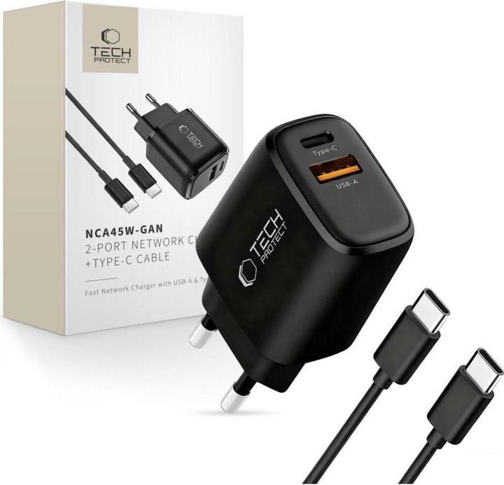 Tech-Protect NCA45W-GAN 2-PORT NETZLADEGERÄT PD 45W / QC3.0 + TYPE-C KABEL SCHWARZ (45 W, 2 ports)