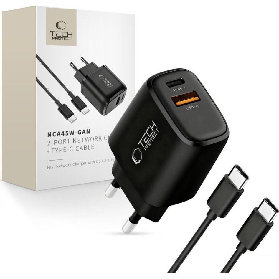 Tech-Protect NCA45W-GAN 2-PORT NETZLADEGERÄT PD 45W / QC3.0 + TYPE-C KABEL SCHWARZ (45 W), Caricatore USB, Nero