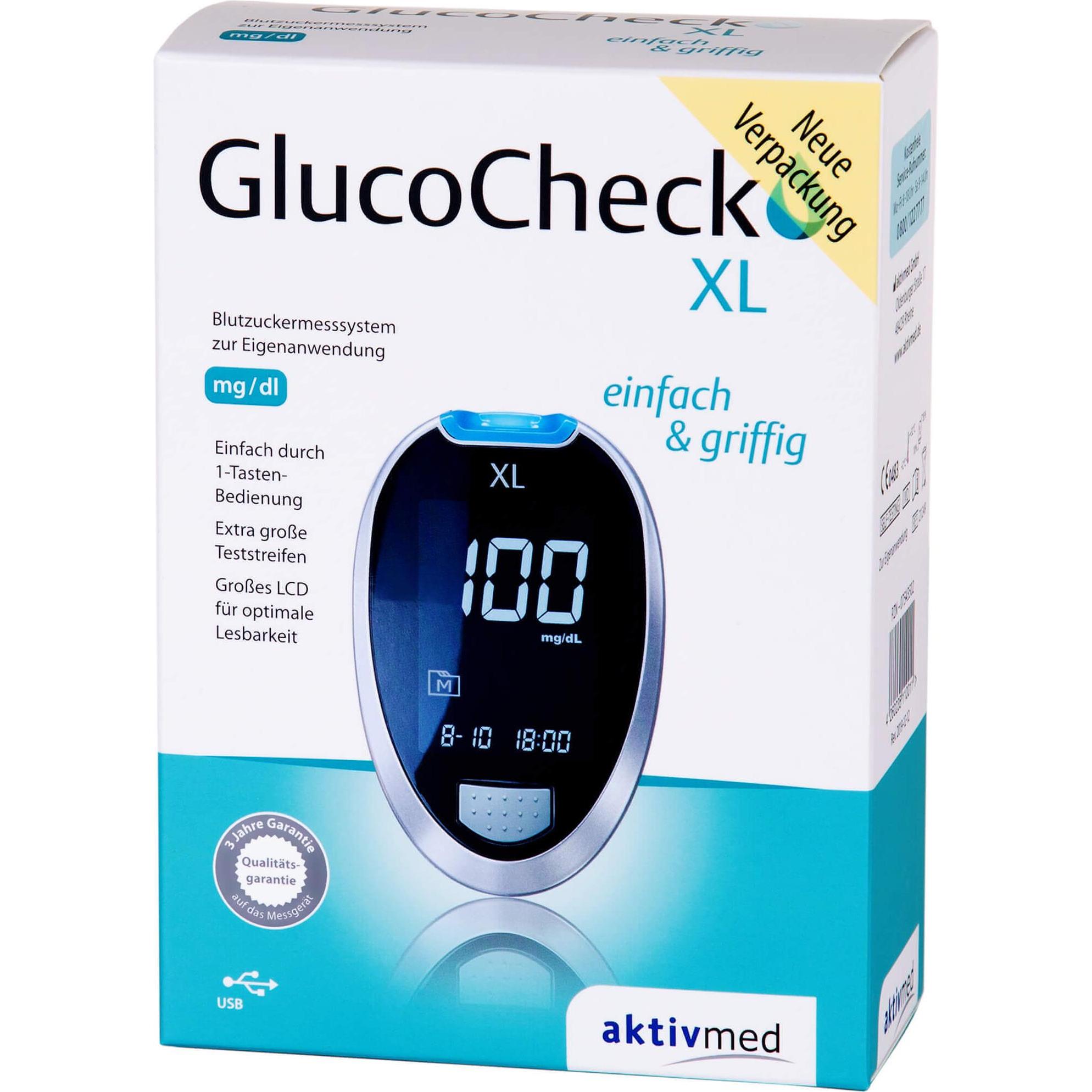 Aktivmed, Bluttest, GlucoCheck XL Blutzuckermessgerät Set mg/dl, 1 St (Blutzuckermessgerät)