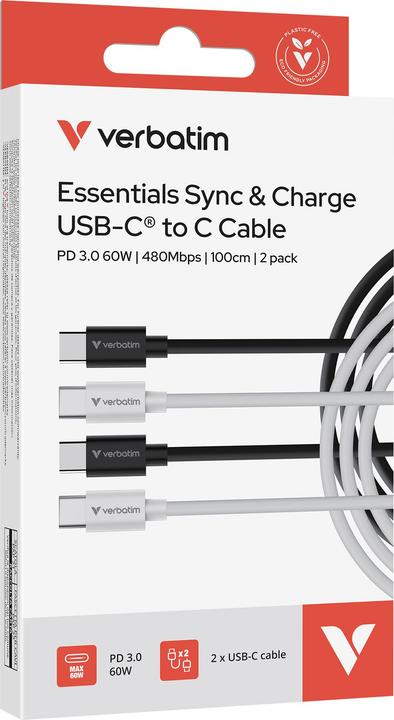 Produktbild Verbatim Kable Sync & Charge USC-C do C essentials 60W czarny / biały 2szt. 32391 (1 m, USB 2.0, 60 W)