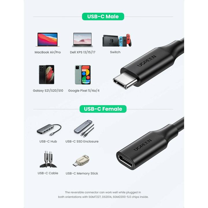 Productafbeelding Ugreen USB Type C 3.1 Gen2 Man naar Vrouw kabel vernikkeld 1m (zwart) (1 m, USB 3.2 Gen 2, 100 W)