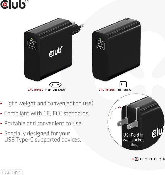 Produktbild Club 3D Club3D Ladegerät 1xUSB Typ C, PD 140W retail (140 W, 1 Port)