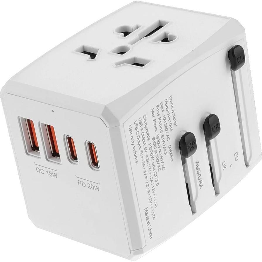 Techsuit, Adattatore da viaggio, - Travel Adapter (HHT904) - PD20W, 2 x USB, 2 xType-C, EU, UK, AUS, US - White