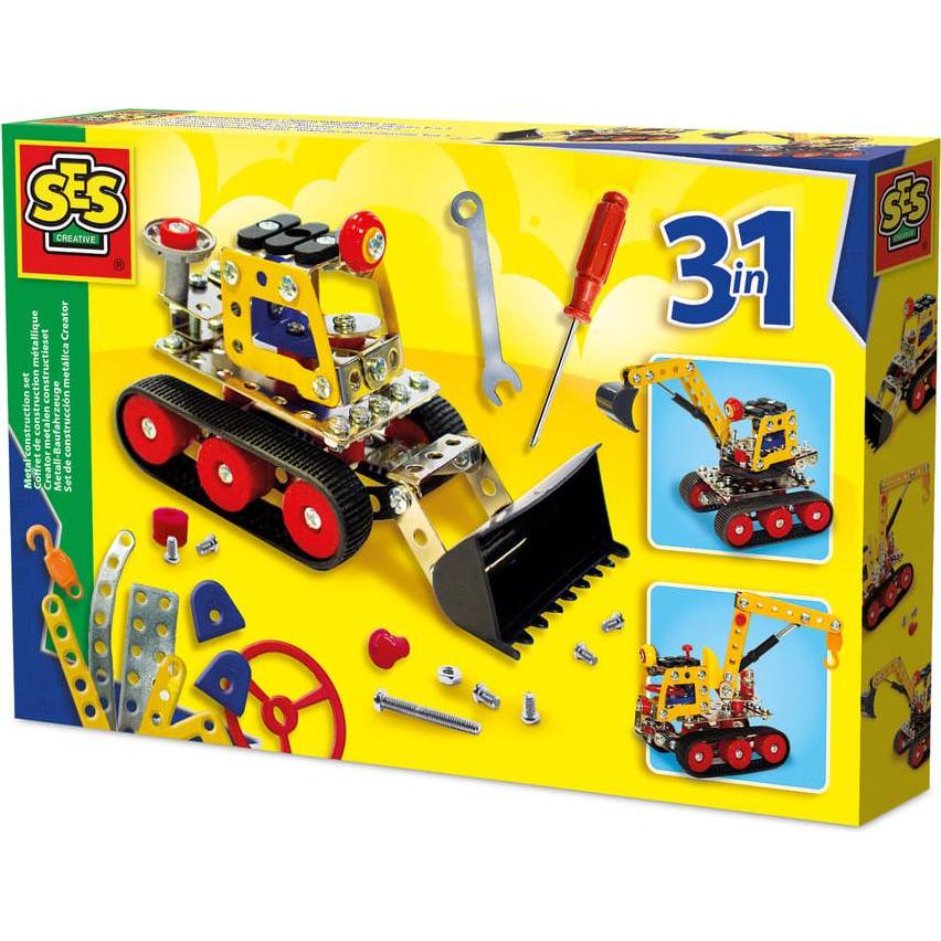 Ses Creative - Metall - Baufahrzeuge 3-1 Konstruktionsset - Kreatives Bauset für Kinder - Kran, Bagg
