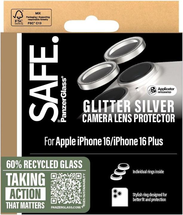 Actual product image PanzerGlass SAFE. by ® Camera Lens Protector Glitter Silver iPhone '24 6.1" | 6.7" (1 pcs., Apple iPhone 16, Apple iPhone 16 Plus)