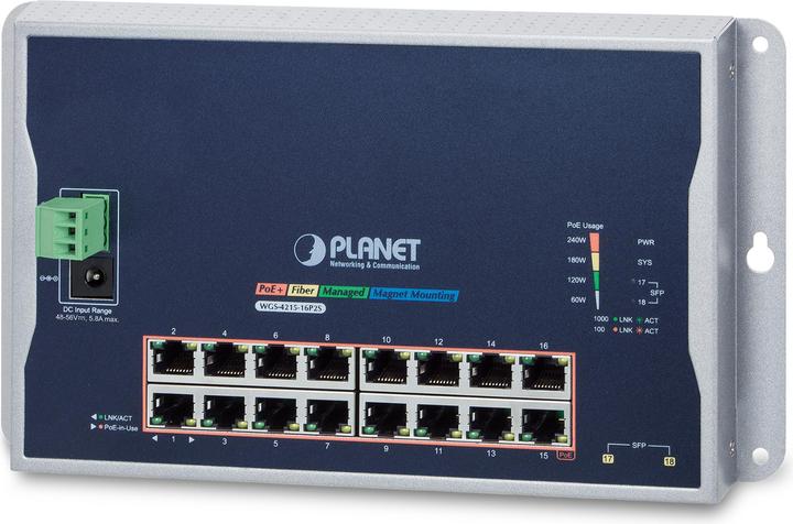 Immagine prodotto Planet WGS-4215-16P2S Switch di rete gestito L2 Gigabit Ethernet (10/100/1000) Power over Ethernet (PoE) (16 porte)