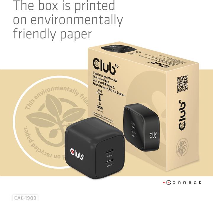 Produktbild Club 3D Ladegerät PPS 45W GAN, Power Delivery (PD) 3.0 (45 W, 2 Ports)