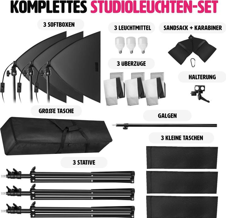 Produktbild tectake 3 Studioleuchten mit Softbox, Stativ und Tasche (Studioleuchte)