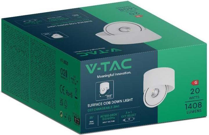 Produktbild V-TAC Oprawa Natynkowa Downlight 20W Uchylna CRI90 CCT Biała VT-2825 3000K-4000K-6400K 1408lm (1408 lm)