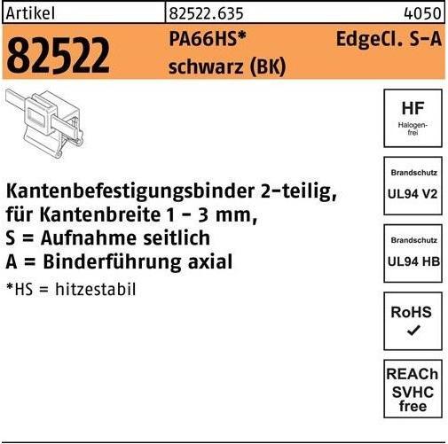 HellermannTyton Befestigungsbinder R 82522 m.Edgeclip 4,6 x 150/31 PA66HS schwarz (Befestigungsschlaufen, 150 mm, 500 Stk.)