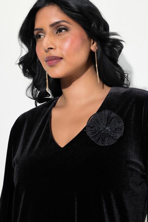 Produktbild Ulla Popken Samtkleid, Brosche, A-Linie, V-Ausschnitt, Langarm (46, 48)