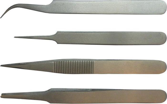 Actual product image RS PRO KIT 4-1T Austenitic Steel Tweezers Set, 110 mm, 120 mm, Tip Curved, Fine Rounded, Sharp