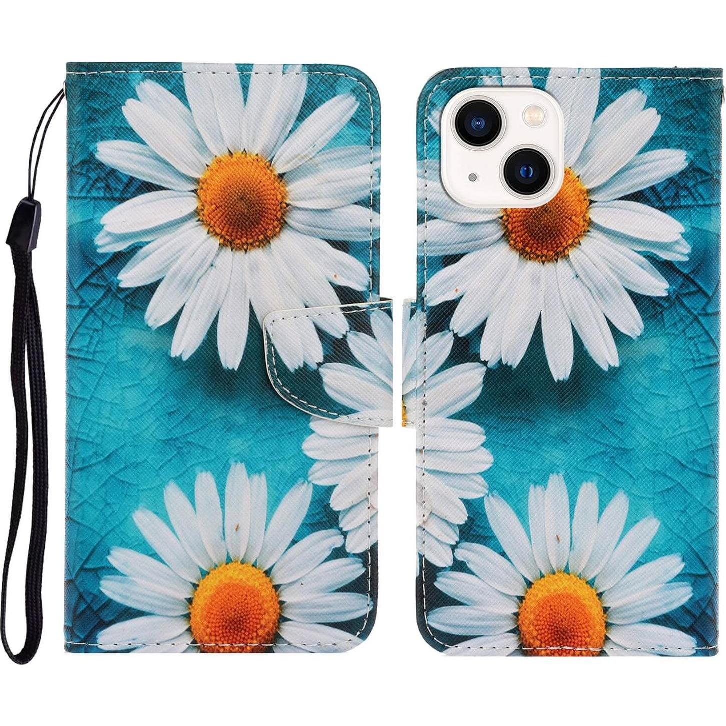 Cover-Discount iPhone 14 - Leder Etui Hülle Margeriten (Apple iPhone 14), Smartphone Hülle