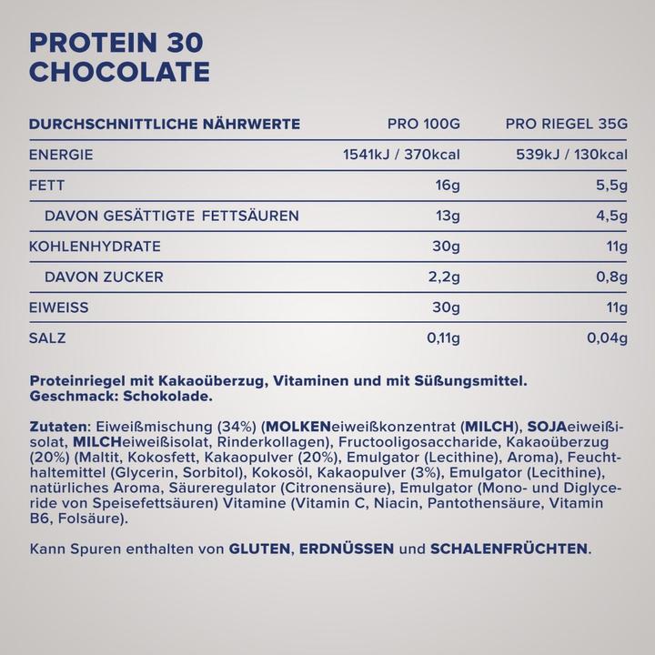 Nutritional values and ingredients IronMaxx Protein 30 Bar (24 x 30G) (Chocolate, 24 pcs., 840 g)