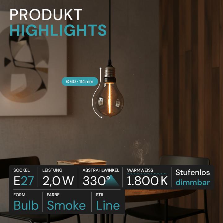 Produktbild Luxula LED-Filament-Lampe, Line Smoke, E27, 2W, 40lm, 1800K (E27, 40 lm, 1x)